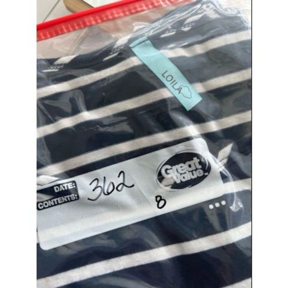 Loila Navy Blue White Striped Roll Tab Sleeve Crew Neck Lace Hem Dress M - Picture 12 of 12